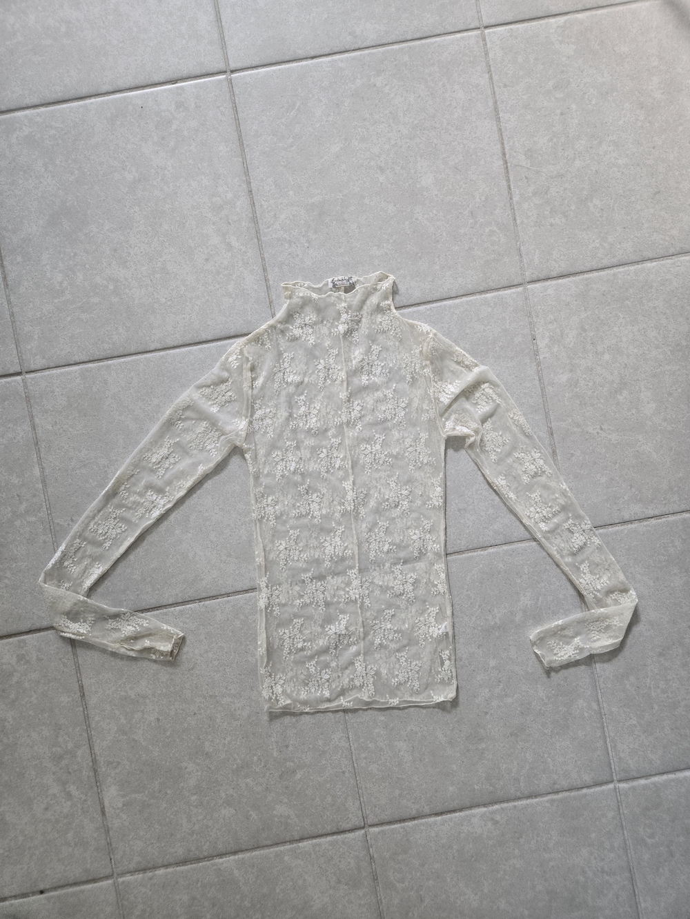 Free People Cream Sheer Floral Lace Long-Sleeve Mock Neck Top